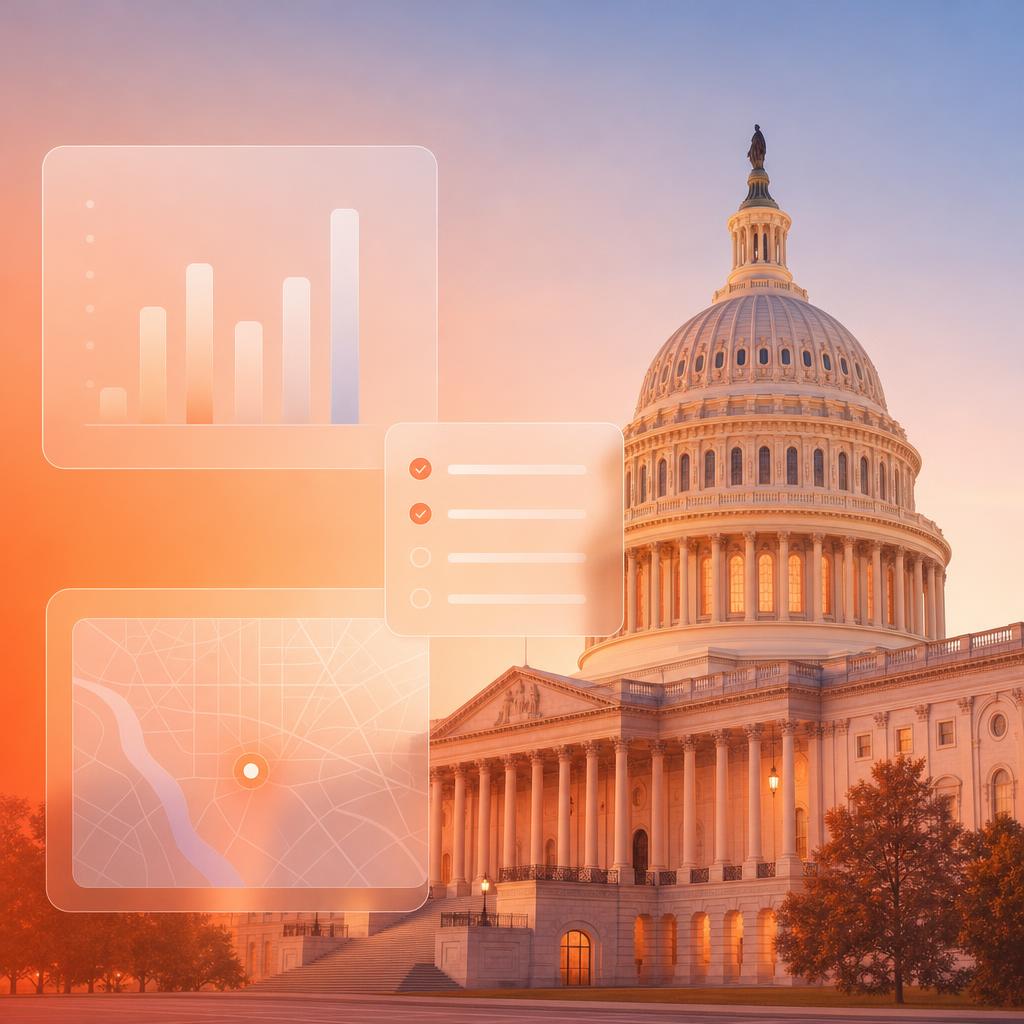 The US Capitol at golden hour with app interface cards floating in front of it
